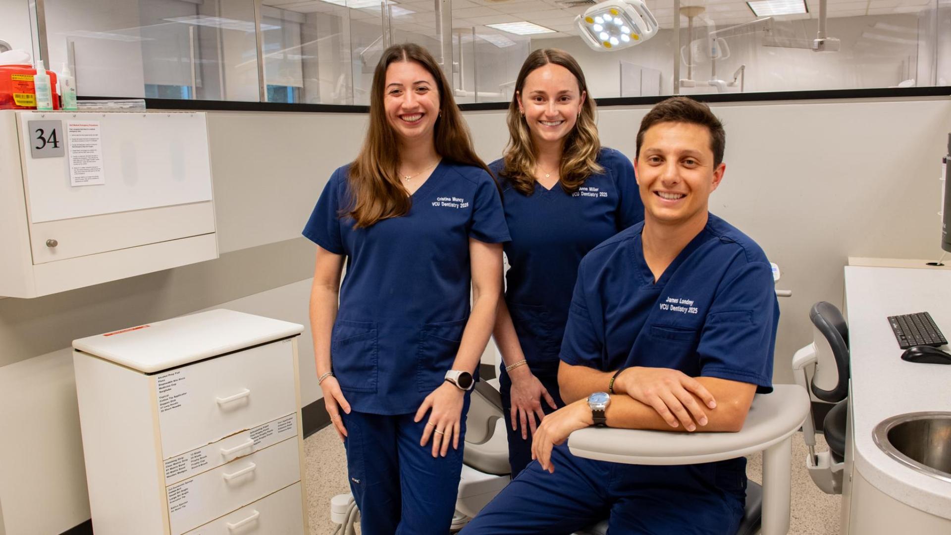 Cristina Muncy, Anne Miller and Jed Londrey are graduating from the VCU School of Dentistry together. (Thomas Kojcsich, Enterprise Marketing and Communications)